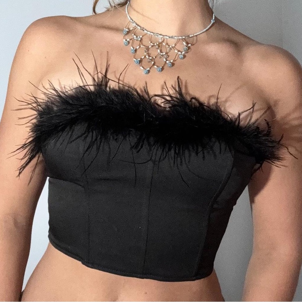 Altar'd State Black Feather-Trim Strapless Crop Top